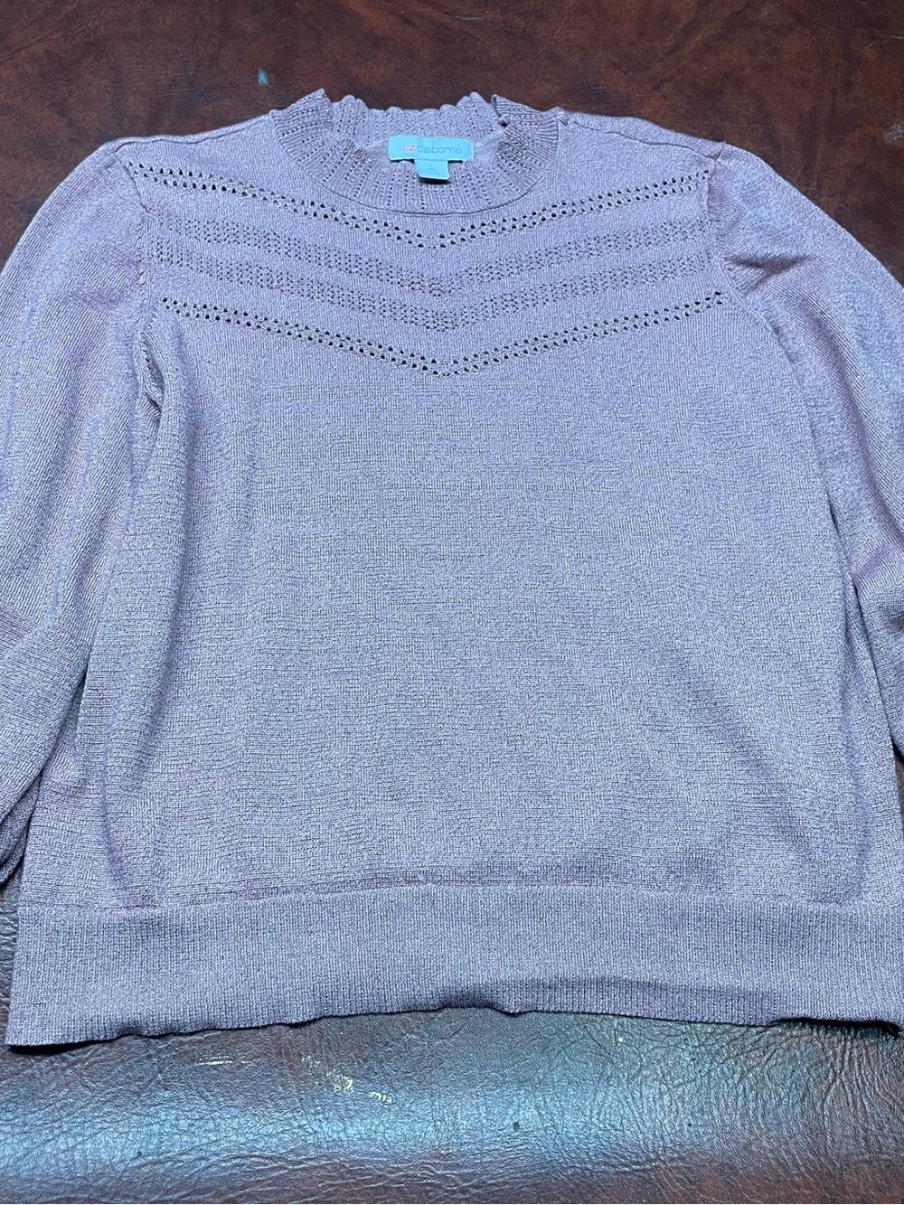 Liz Claiborne Lavender Pointelle Crewneck Sweater with Ruffle Trim
